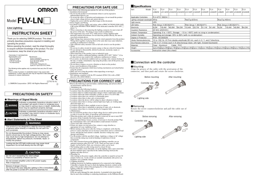 OMRON Sensor Image Processing Peripheral Equipment FLV Series FLV-LN[] Line Lighting Instruction Sheet - Page 1