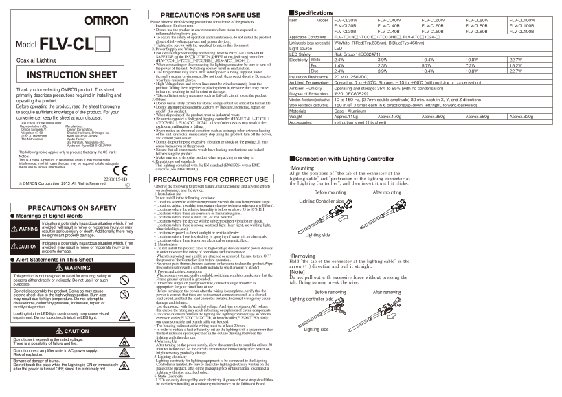 OMRON Sensor Image Processing System FH Series FLV-CL[]Coaxial Lighting Instruction Sheet - Page 1