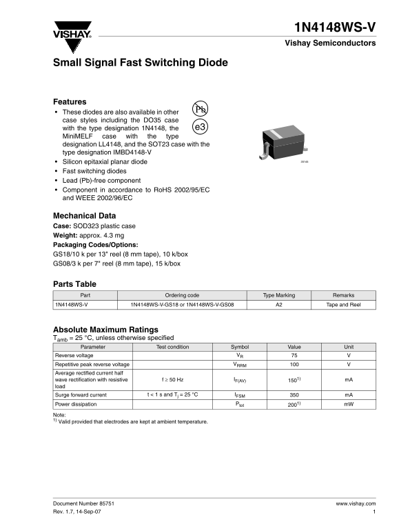 Vishay Semiconductor 1N4148WS-V Small Signal Fast Switching Diode Data Sheet - Page 1