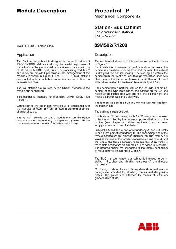 ABB Procontrol P14 89MS02 R1200 Station-Bus Cabinet for 2 Redundant Stations (EMC-Version) Manual - Page 1