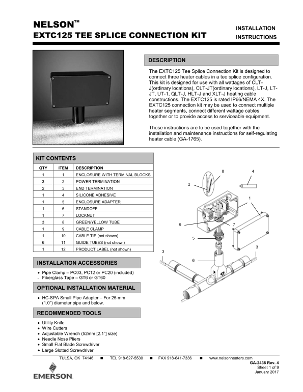 EMERSON Instruction Sheet GA-2438, EXTC125 Tee Splice Connection Kit - Page 1