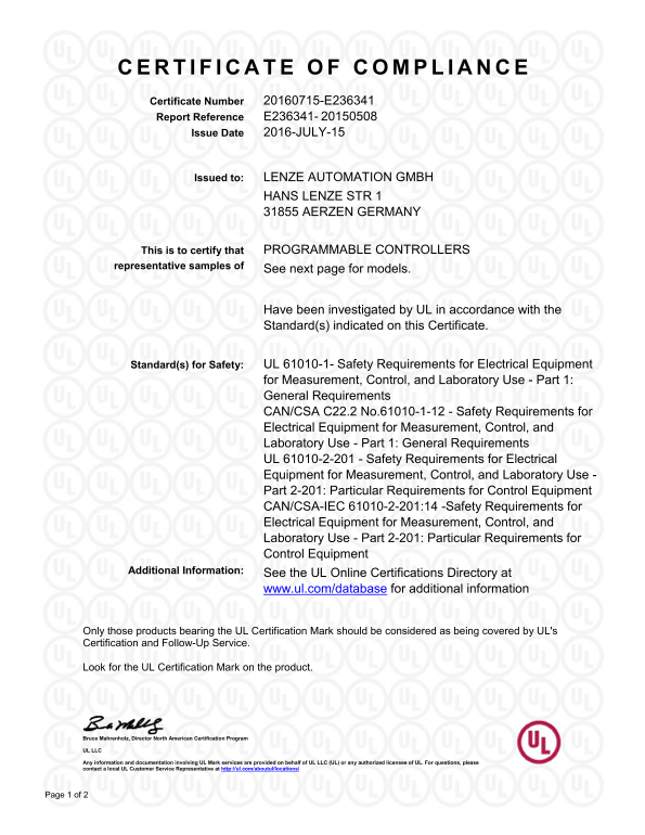 Lenze Controls - Controllers Controller C300 Certified Documentation Declaration UL CoC UL-Listed Controller C300 - Page 1