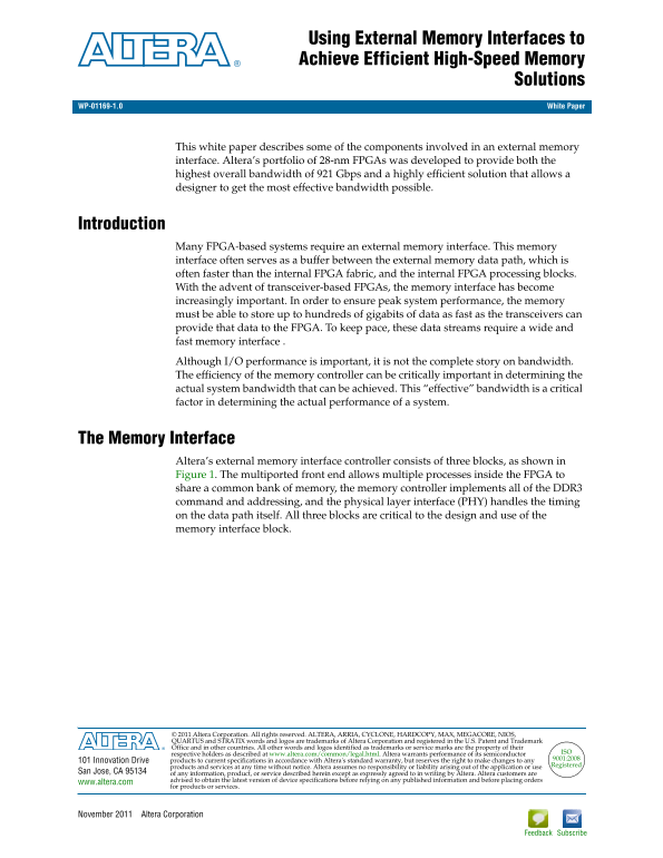Intel White Paper: Implementing High-Speed Memory Solutions Using External Memory Interface - Page 1