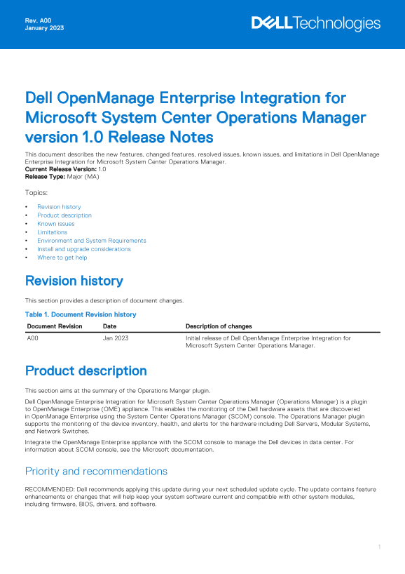 Dell OpenManage Enterprise Integration for Microsoft System Center Operations Manager Version 1.0 Release Notes - Page 1