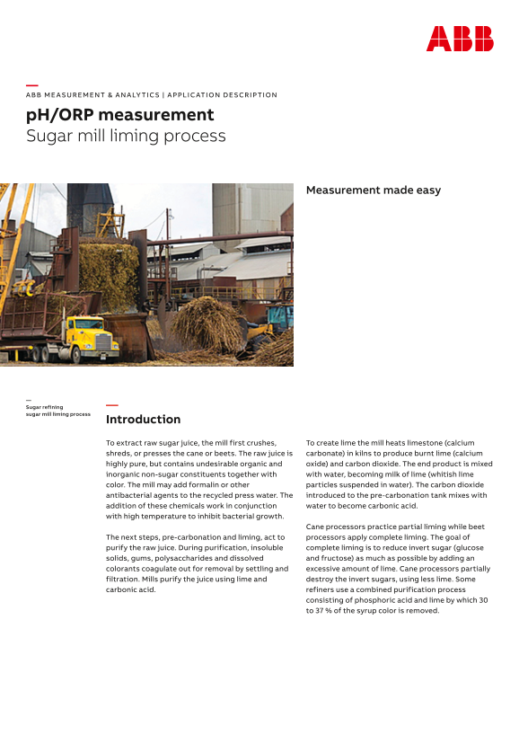 ABB Application Description - pH ORP Measurement. Sugar Mill Liming Process Application Note - Page 1