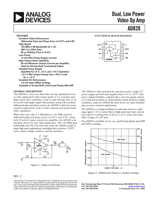 AD828 Dual, Low Power Video Op Amp Data Handbook User Manual - Page 1