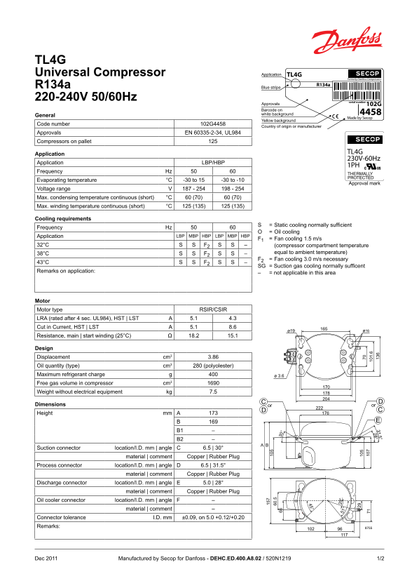 Danfoss TL4G Universal Compressor R134a 220-240V 50Hz (Large Baseplate, UL) Datasheet - Page 1