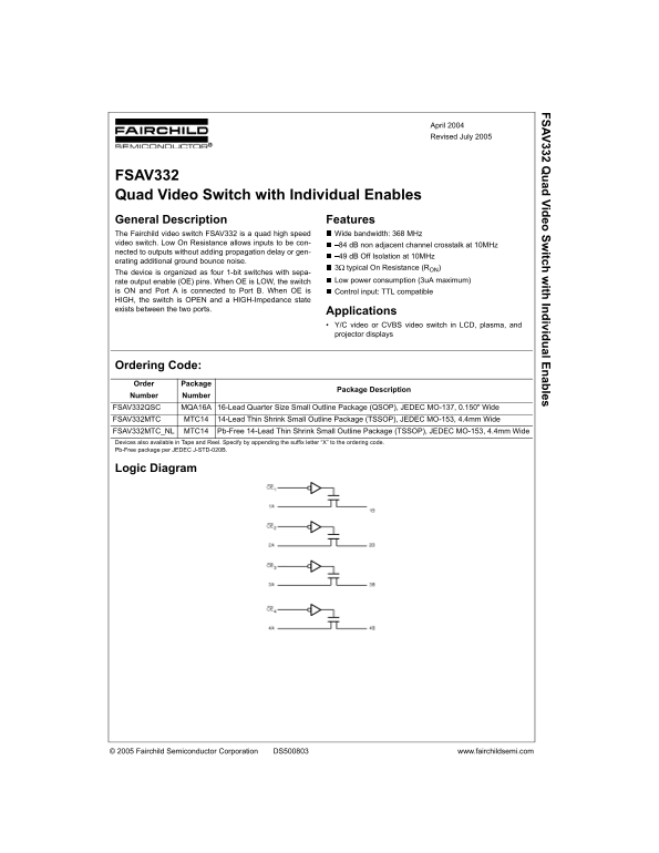 Fairchild Semiconductor - FSAV332 Quad Video Switch with Individual Enables Data Sheet - Page 1