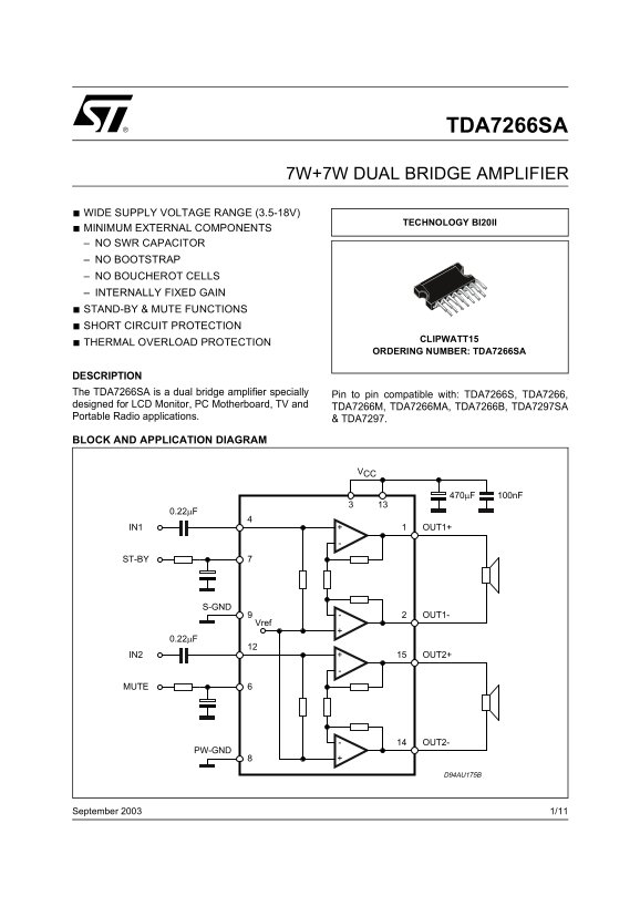 ST TDA7266SA Dual Bridge Amplifier Data Sheet - Page 1