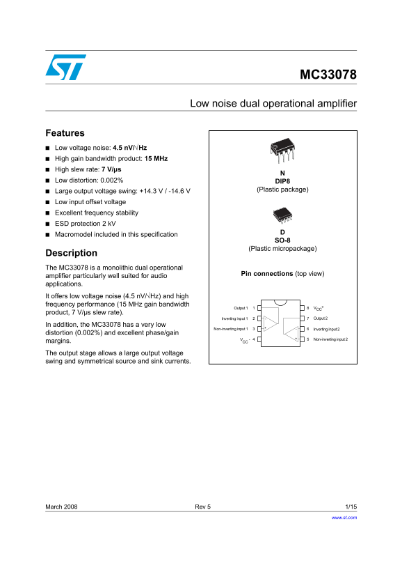 ST MC33078 Low Noise Dual Operational Amplifier Data Sheet - Page 1