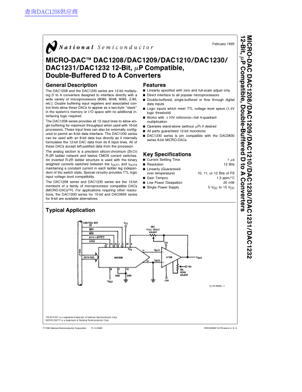 National Semiconductor MICRO-_DAC TM DAC1208 DAC1209 DAC1210 DAC1230 DAC1231 DAC1232 12-Bit mPa-Compatible, Double Buffered D-to-A Converters - Page 1
