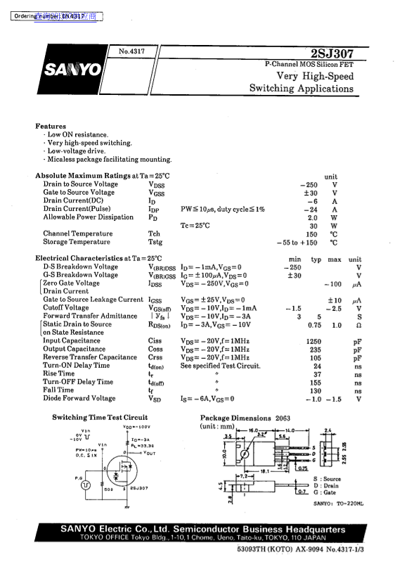 SANYO 2SJ307 Data Sheet - Page 1