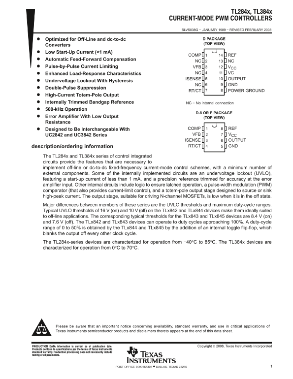 Texas Instruments TL284X.TL384X Data Sheet - Page 1