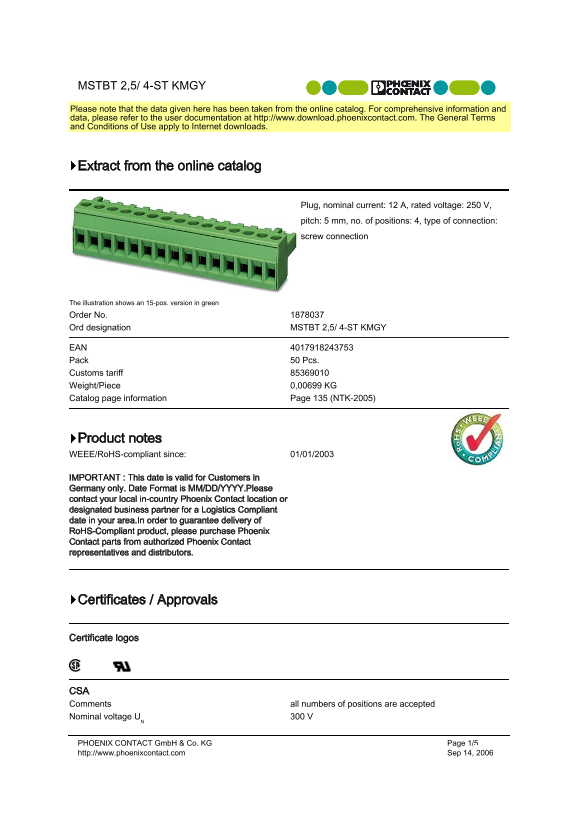 Phoenix Contact - MSTBT 2,5 4-ST KMGY Data Manual - Page 1