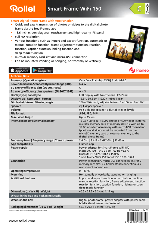 Rollei Smart Frame WiFi 150 Data Sheet (EN) - Page 1