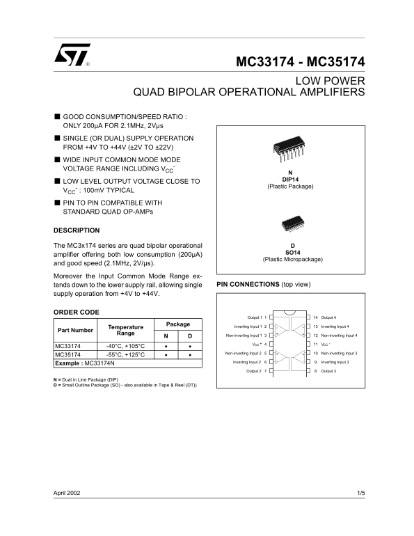 ST MC33174  - MC35174 LOW POWER QUAD BIPOLAR OPERATIONAL AMPLIFIERS - Page 1