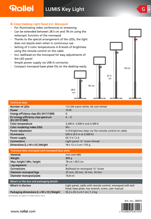 Rollei LUMIS Key Light Data Sheet - From Production Number 220067 (EN) - Page 1