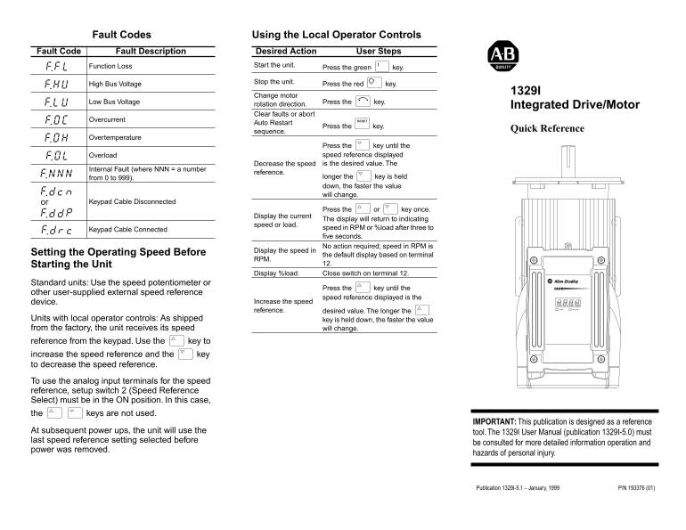 Rockwell Automation Quick Ref Integrated 1329I AC Drive Motor SerA User's Manual - Page 1