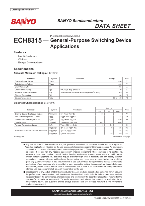 SANYO ECH8315 Data Sheet - Page 1