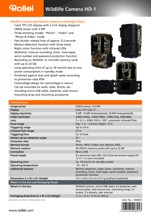 Rollei Wildlife Camera HD-1 Data Sheet (EN) - Page 1