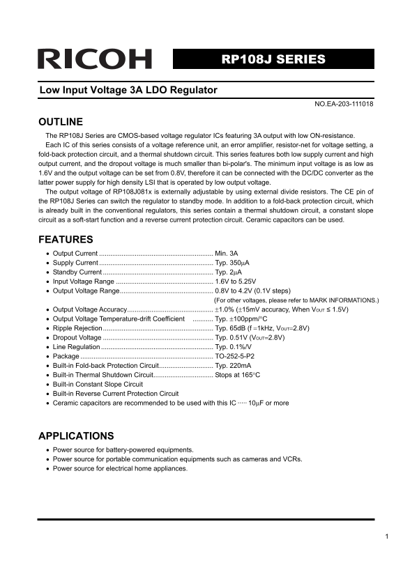 RICOH RP108J SERIES Low Input Voltage 3A LDO Regulator User Guide - Page 1