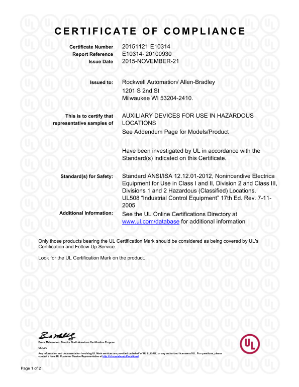 Rockwell Automation 800TC-N374 LED Module, Hazardous Locations - UL CoC - Page 1