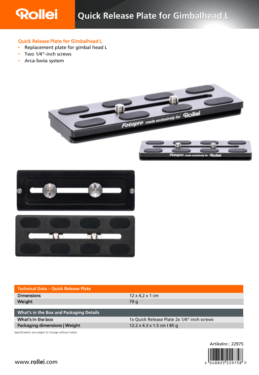 Rollei Lion Rock Gimbal Head L Data Sheet - Quick Release Plate for Gimbal Head L (EN) - Page 1