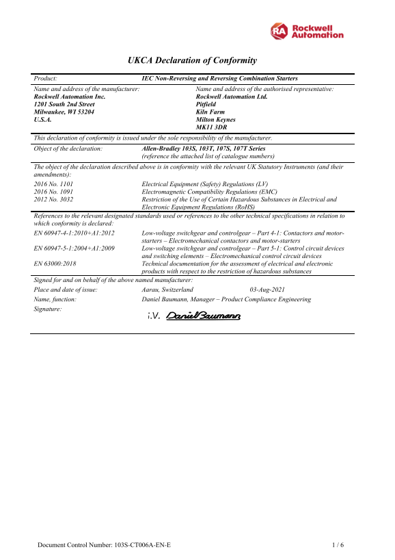 Rockwell Automation 103S Series IEC Non-Reversing and Reversing Combination Starters - UKCA DoC - Page 1