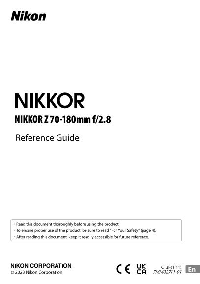 Nikon NIKKOR Z Mount Lenses NIKKOR Z 70-180mm f2.8 Reference Manual - Page 1