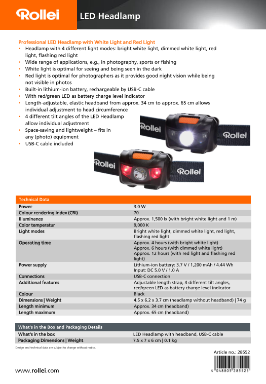 Rollei LED Headlamp Data Sheet (EN) - Page 1