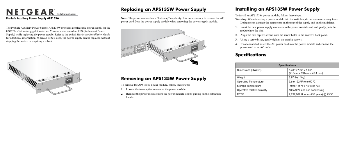 Netgear APS135W - ProSAFE 135W Auxiliary Power Supply Install Guide - Page 1