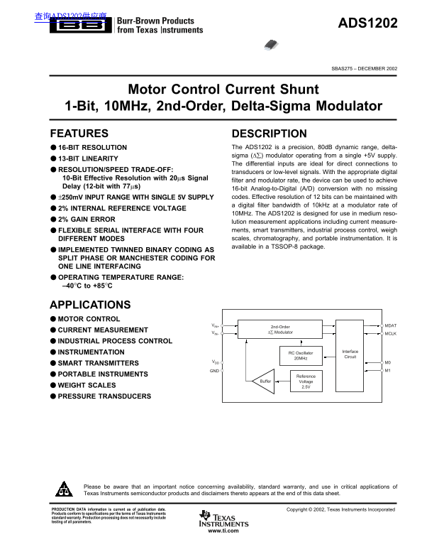 Texas Instruments ADS1202 Data Handbook/Manual - Page 1