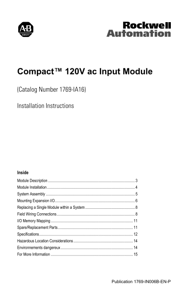 Rockwell Automation 1769-IA16 Installation User's Manual - Page 1
