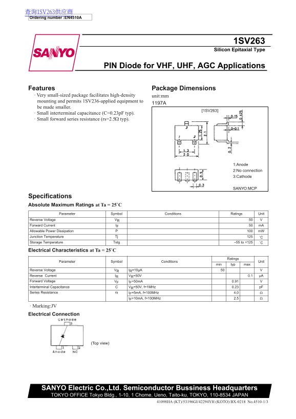 SANYO 1SV263 Owner's Manual and User Guide - Page 1