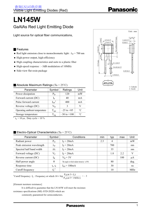 Panasonic LN145W Data Sheet - Page 1