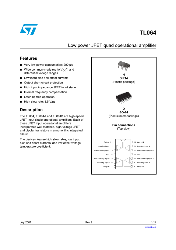 ST TL064 Low power JFET quad operational amplifier Data Handbook - Page 1