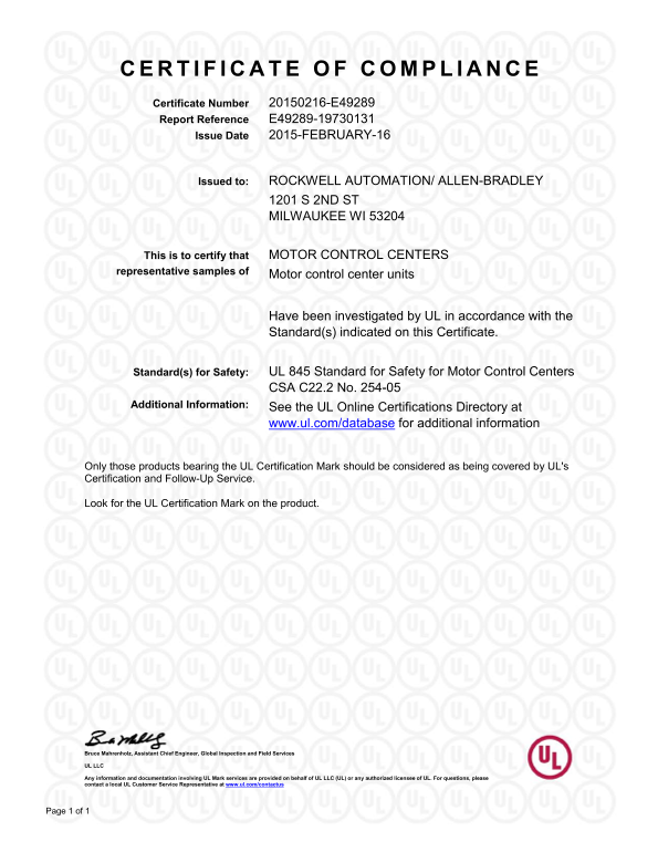 Rockwell Automation 2100 MCC Units - UL CoC User's Manual and Instructions - Page 1