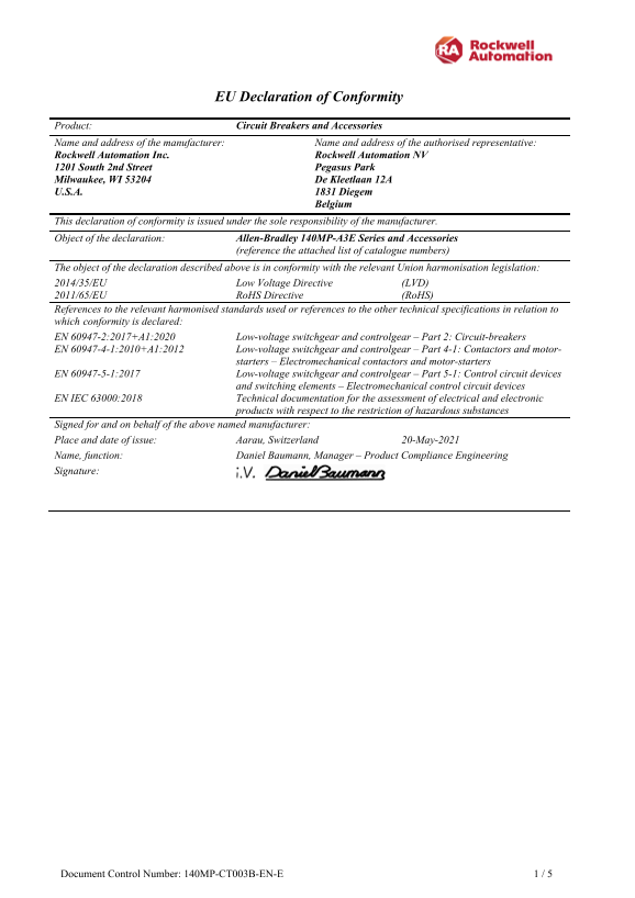 Rockwell Automation 140MP-A3E Series IEC Motor Protection Circuit Breakers and Accessories - CE DoC - Page 1