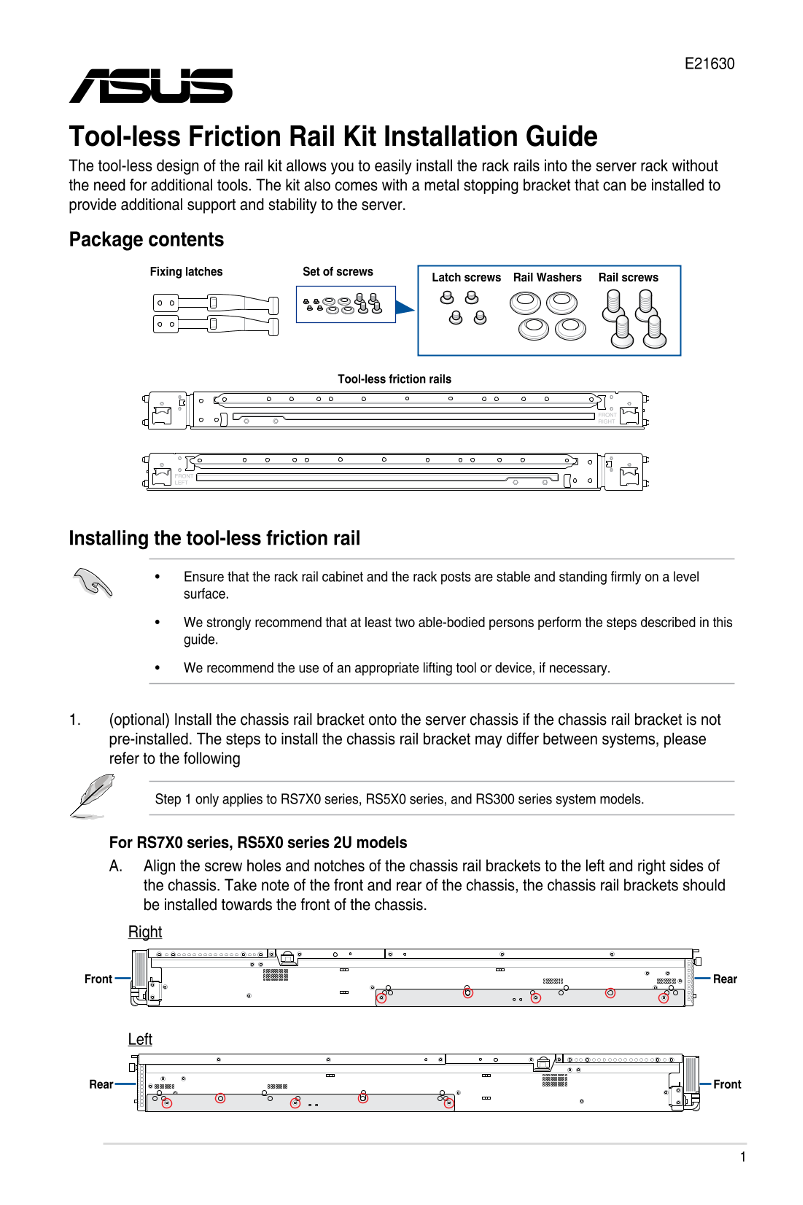 ASUS Server Workstation Universal Server RS500A-E11-RS4U Tool-less Friction Rail Kit Installation Guide - Page 1