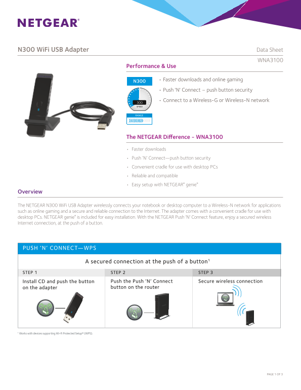 Netgear WNA3100 - N300 Wireless USB Adapter Product Data Sheet - Page 1