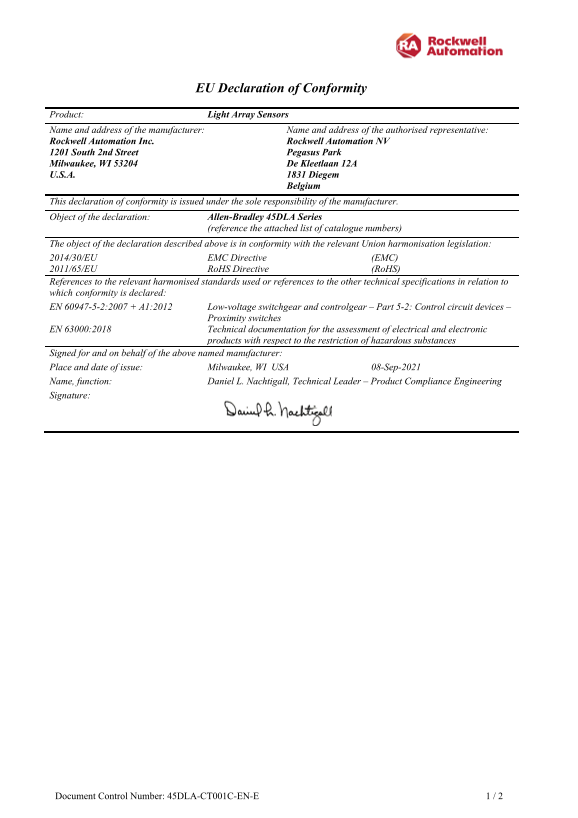 Rockwell Automation 45DLA Series Discrete Light Array Sensors - CE DoC - Page 1