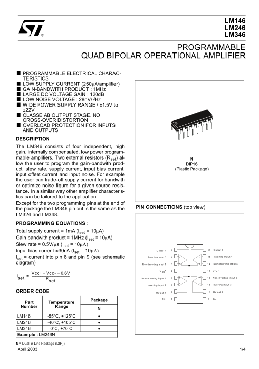 ST LM146 LM246 LM346 Programmable Quad Bipolar Operational Amplifier Data Manual User Guide - Page 1