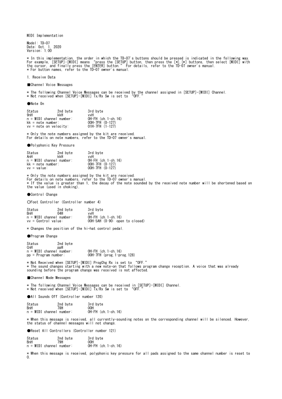 Roland V-Drums TD-07KV MIDI Implementation User's Manual [English] - Page 1