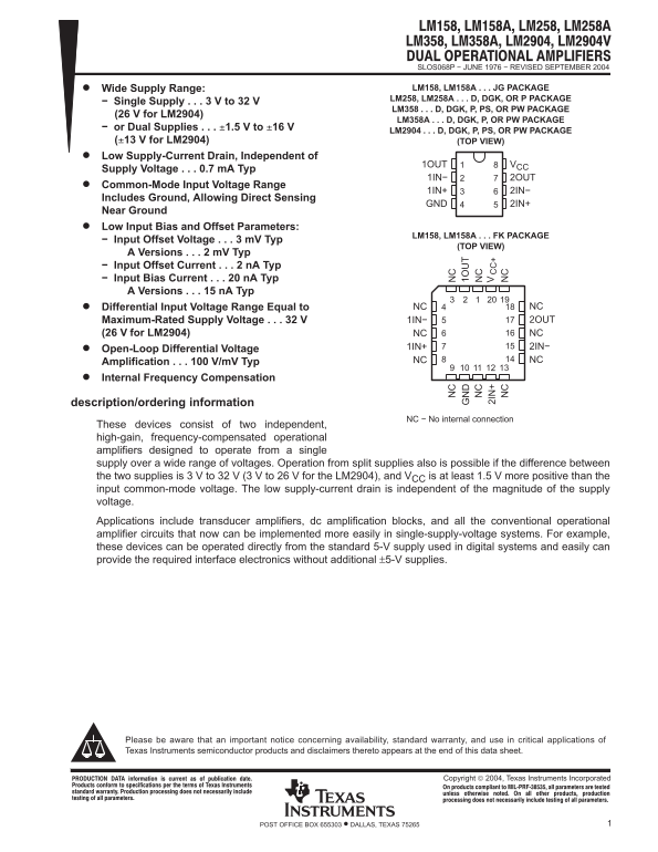 Texas Instruments LM158, LM158A, LM258, LM258A, LM358, LM358A, LM2904, LM2904V Data Sheet Manual - Page 1