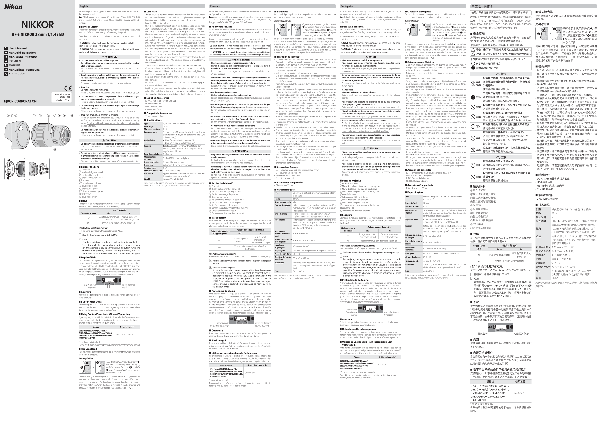 Nikon F-Mount Lens Wide-Angle Lens AF-S NIKKOR 28mm f1.4E ED User Manual AFS28_1.4EED_JP(7K_DL)01 - Page 1