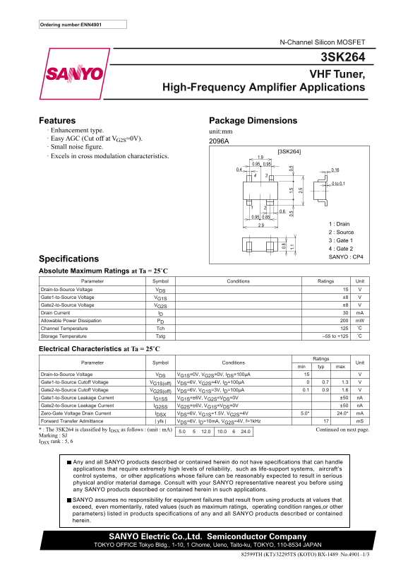 Sanyo 3SK264 User Guide and Manual - Page 1