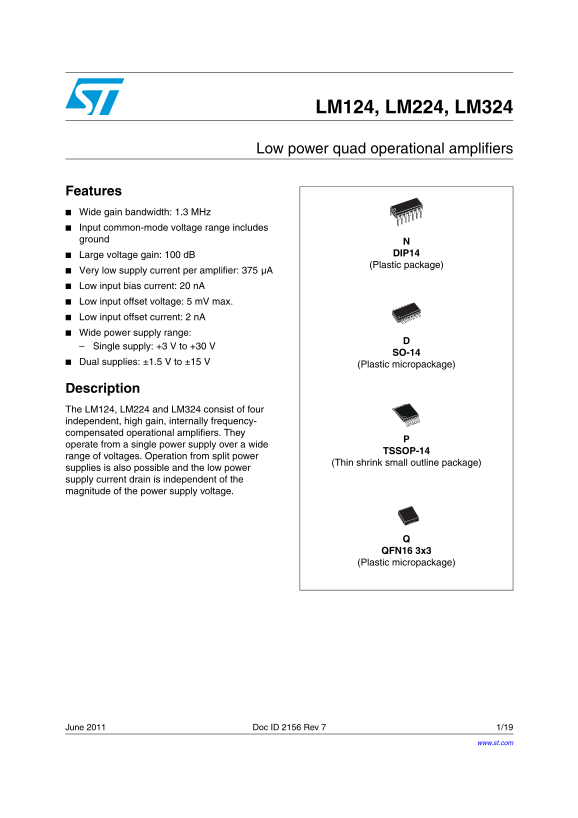 ST LM124, LM224, LM324 Low Power Quad Operational Amplifiers Datasheet - Page 1