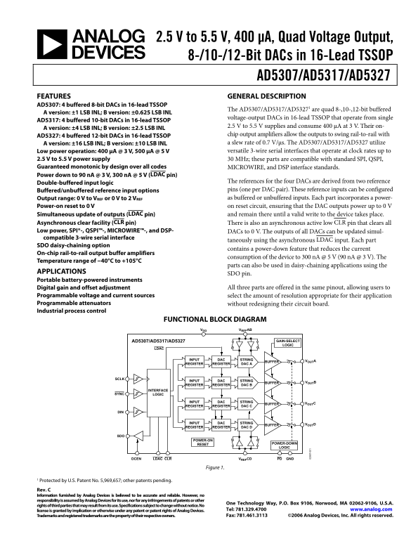 AD2.5V to 5.5V, 400μA Quad Voltage Output, 8-10-12-Bit DACs in 16-Lead TSSOP AD5307 AD5317 AD5327 Data Sheet Manual User Guide - Page 1