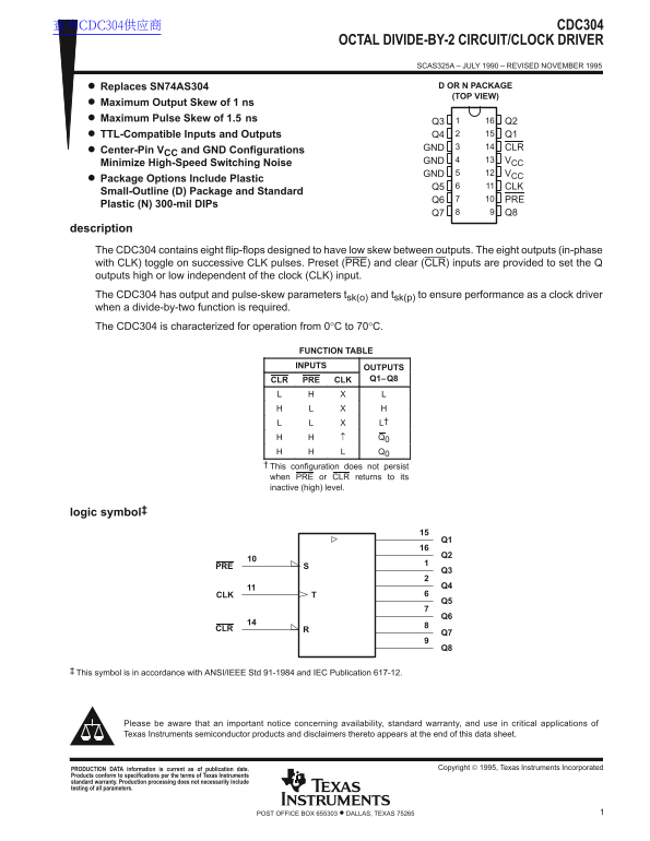 Texas Instruments CDC304 OCTAL Divide-by-2 Circuit Clock Driver Data Sheet - Page 1