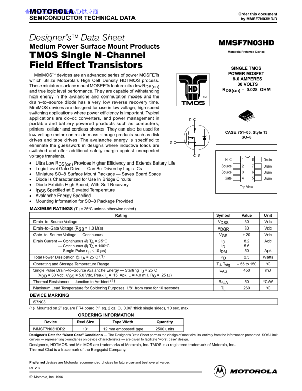 MOTOROLA MMSF7N03HD Data Sheet - Page 1